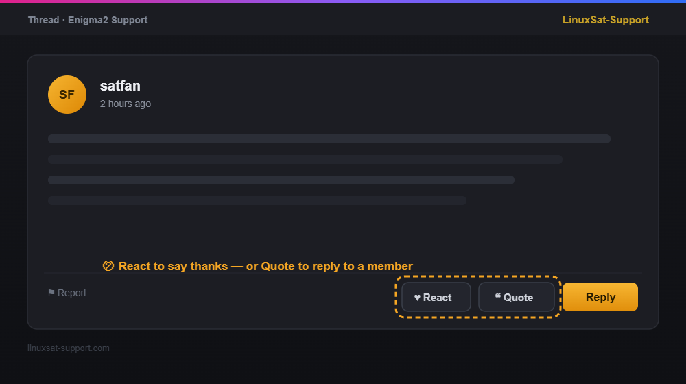 A forum post showing the Reply, Quote and React buttons, with Quote and React highlighted