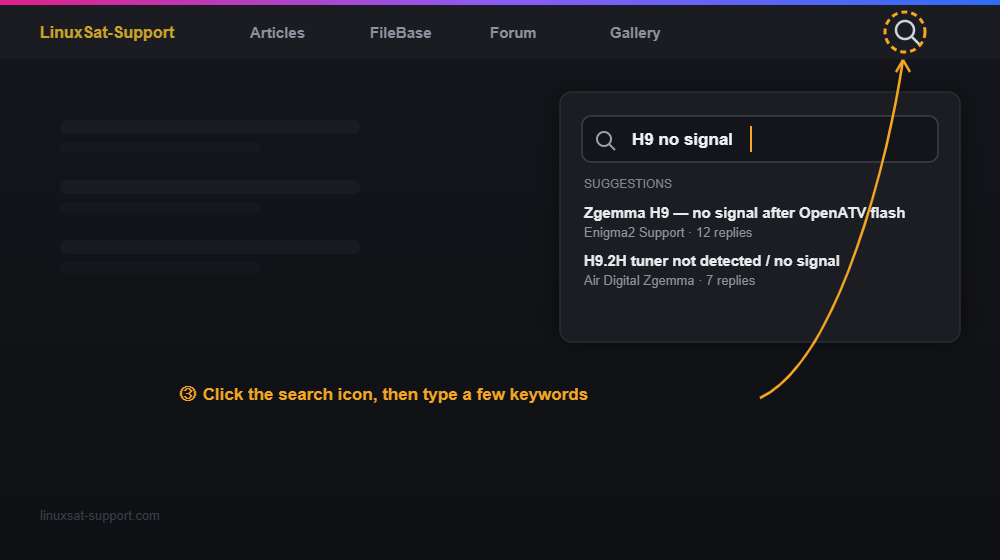 The forum search icon highlighted with a search box showing a typed query and results