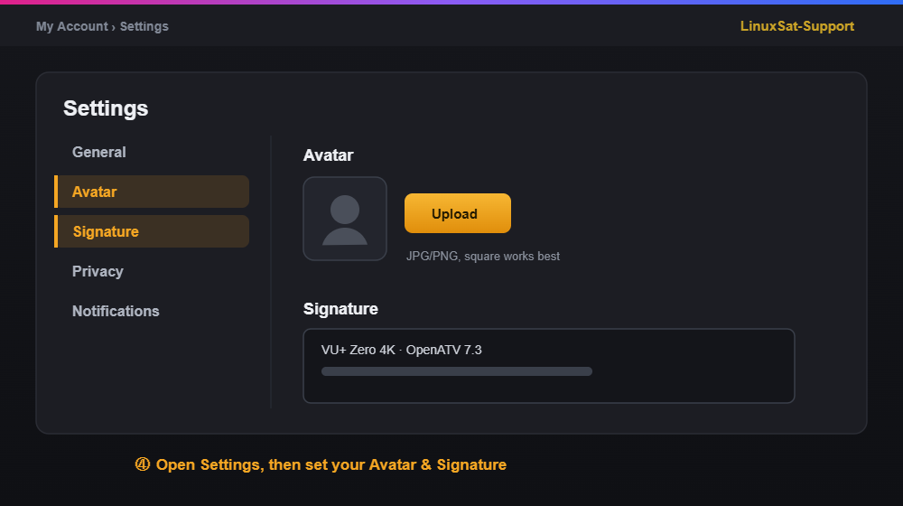 The forum Settings page with Avatar and Signature options highlighted